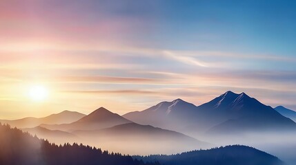 Majestic Sunrise Over Misty Mountain Peaks Serene Landscape Tranquil Nature Scene Breathtaking View