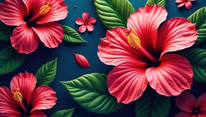 Obraz premium Bold, vibrant hibiscus blooms in a lively, tropical repeat , orange, modern, surface