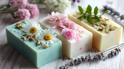 Handmade artisanal soaps beautifully decorated with colorful flowers and natural ingredients