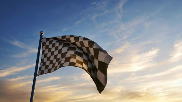 Checkered flag waves against dynamic sunset sky symbolizing victory, speed, and triumph in racing culture