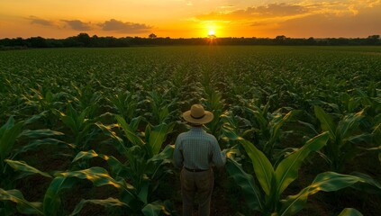 Fototapeta premium At sunset, a farmer in a hat and shirt surveys the maize field. The agronomist admires the harvest and the organic growth on the countryside farm. The rancher enjoys the serene natural scenery