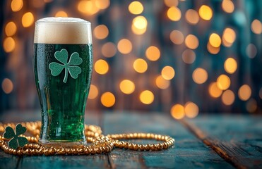 Green beer is served on the bar during the Irish St. Patrick's Day festivities. A celebratory shamrock beverage rests on the pub's wooden counter. The classic gathering includes a pint of beer and a