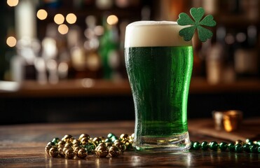 For the Irish St. Patrick's Day celebration, a green beer is placed on the bar. A festive shamrock drink adorns the wooden countertop of the pub. The traditional party showcases a beer pint and a