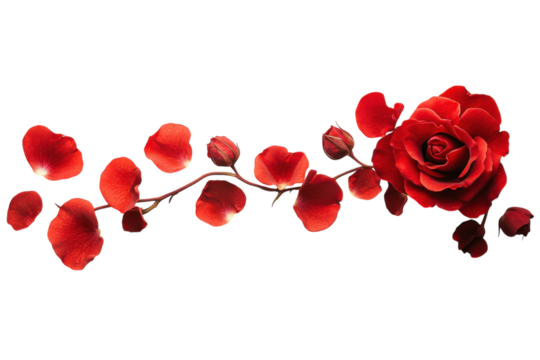 Romantic red rose blossom with petals buds branch elegant minimal white background isolated on transparent background