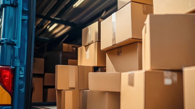 Cardboard boxes are neatly packed inside a delivery van, ready for shipping and transport to their destinations.