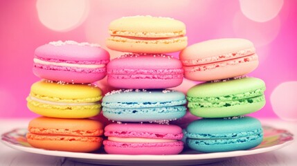 Fototapeta premium Stack of Colorful Macarons on White Plate Pastel Pink Background