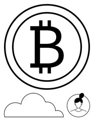 Bitcoin currency logo inside a circle, cloud icon, and user profile outline. Ideal for finance, technology, blockchain, cryptocurrency, cloud data user identity and networking. Flat simple metaphor