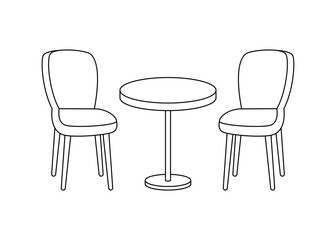 Table and two chairs furniture, seats in interior line icon. Office, cafe, restaurant and home kitchen furniture graphic outline. Simple interior objects for eating. Vector illustration