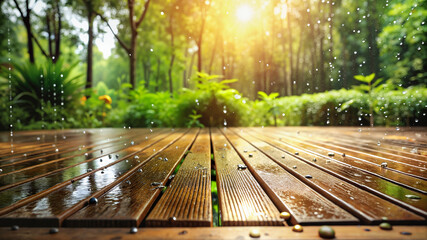 Wet wooden deck with sun rays in forest background