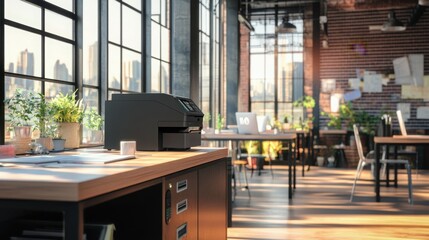 Modern Workspace with Printer and Urban View Through Large Windows