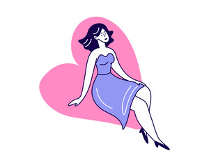 A relaxed beautiful woman sits on the heart. Vector.