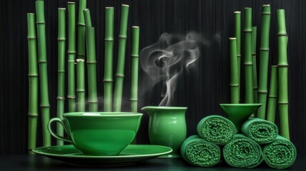 Green Teacup and Bamboo Still Life, Dark Background