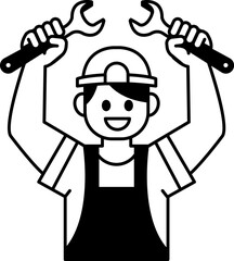 black and white flat icon vector of Technician holding a wrench