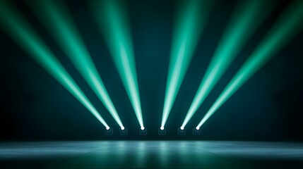 Five teal spotlights illuminate a dark, reflective floor.