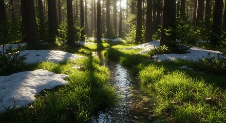 Obraz premium Sunlit Forest Stream Spring Melt Peaceful nature scene. AI Generated