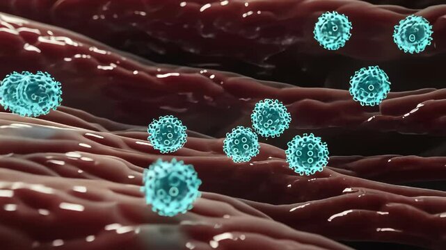 Dynamic interaction of virus particles with organic tissues highlighting cellular processes and viral mechanisms