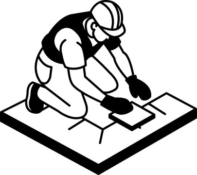 black and white illustration of The tile setter is laying tiles on the floor