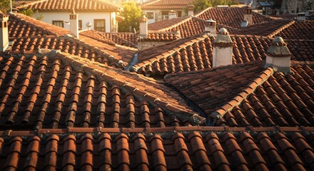 Warm sunset light bathes terracotta rooftops creating a peaceful village scene.. AI Generated
