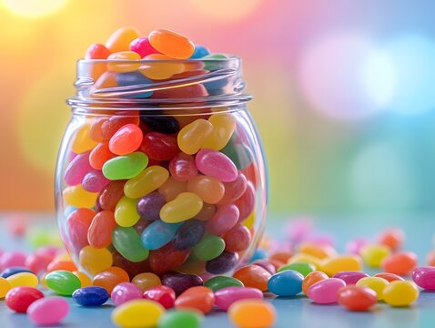Vibrant glass jar overflowing with colorful jelly beans - Powered by Adobe