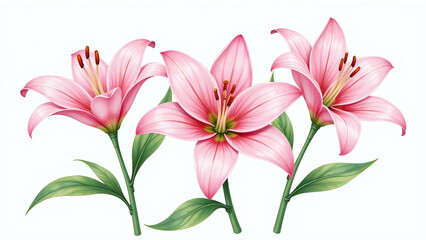 Obraz premium beautifully detailed watercolor illustration pink lily flower green leaves isolated white background