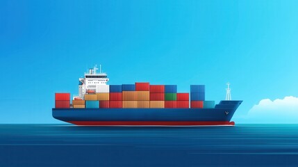 Obraz premium Large Container Cargo Ship Sailing Across Calm Ocean Under Clear Blue Sky