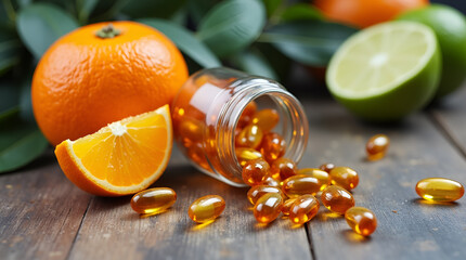 Still life of oranges, limes, and a  glass jar with amber-colored pills on a wooden surface.