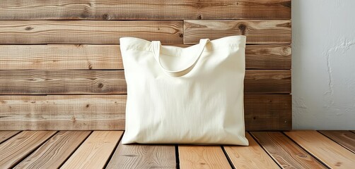 Cream canvas tote bag mockup on rustic wood, white wall background, sustainable, advertising