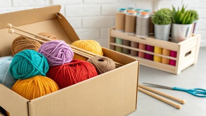 A cardboard box filled with colorful yarn balls and knitting needles on a wooden table, capturing a crafting and hobby scene.
