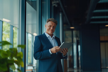 Fototapeta premium middle age businessman standing confidently holding tablet in hand