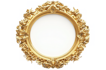 Ornate golden baroque picture frame with floral carvings, isolated on white background, rendered in 4K detail