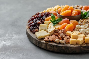 Wooden cheese board with assorted cheeses, nuts, and dried fruit on a gray surface