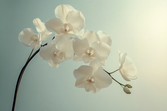 Serene white orchids blooming gently against a soft blue sky bathed in warm sunlight a peaceful isolated on transparent background