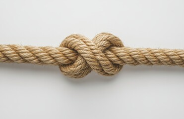Fototapeta premium A close-up image of a rope with a knot. The beige hemp fiber cable rests on a white background, embodying connection, strength, maritime associations, trust, support, unity, safety, and hope