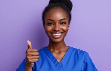 A happy African-American woman doctor, in a blue medical outfit, gives a thumbs up and smiles, expressing positive emotions. The nurse is featured on a purple background, illustrating a medicine