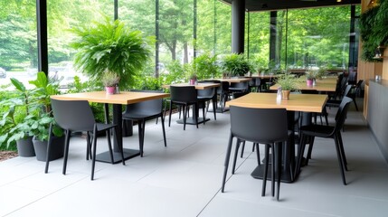 Fototapeta premium Empty modern cafe with wooden tables and black chairs, large windows with green plants, bright natural light, and contemporary interior design concept.