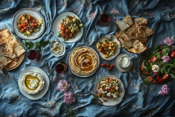 Mediterranean spread on tablecloth with dips, salads, and bread