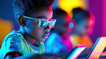 A young black boy wearing glasses and working on a tablet in a colorful, illuminated environment.