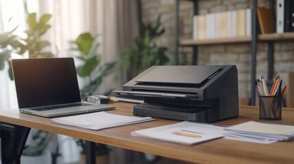 Modern Office Workspace with Printer, Laptop, and Stationery Supplies