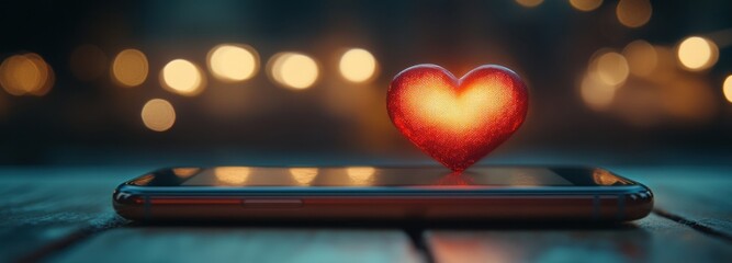 A smartphone rests on a wooden surface, illuminated by warm bokeh lights in the background. A glowing heart notification appears on the screen, conveying an emotional message