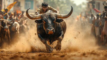 Dynamic celebration of Jallikattu showcasing traditional bull-taming culture