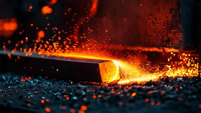 Glowing red-hot iron bar being heated in a forge