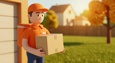 Friendly delivery person holding package warm autumn sunlight. AI Generated