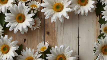 Fototapeta premium Bright and cheerful spring themed background with fresh yellow and white flowers top border, Garden flowers over wooden background