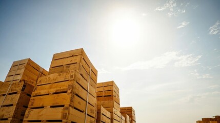View of stacked wooden crates under a bright, sunny sky, perfect for storage or transport