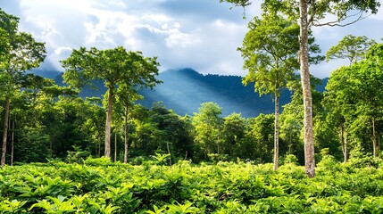 Lush Green Rainforest Canopy Sunlight Through Trees Mountain View