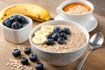 Steel cut oatmeal porridge with banana and blueberry for breakfast