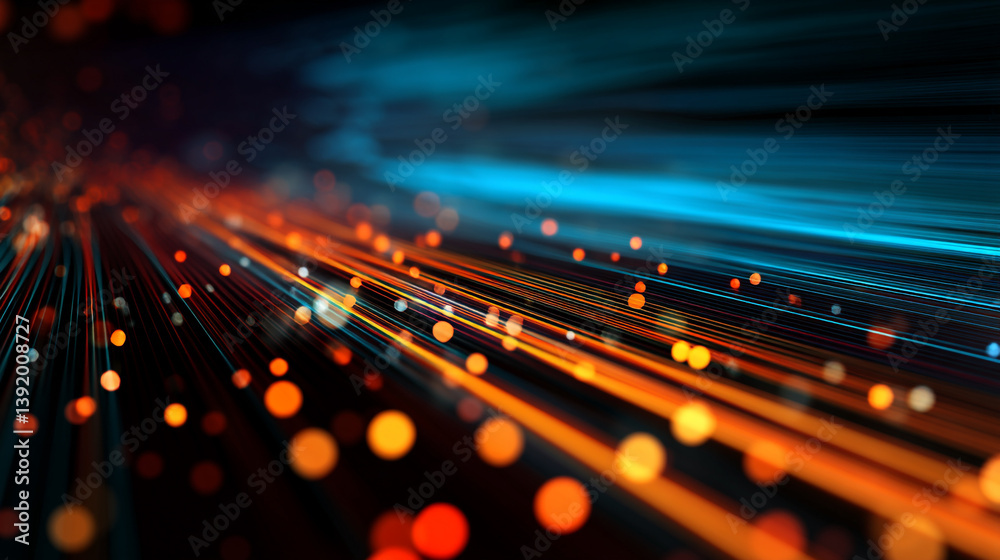 Wall mural abstract orange glowing particles on dark background. a computer screen with a series of numbers and