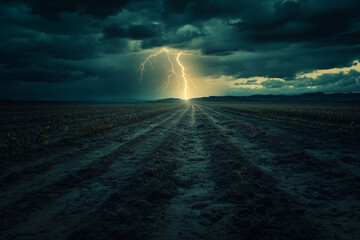 Lightning strike over plowed farmland under stormy sky at sunset