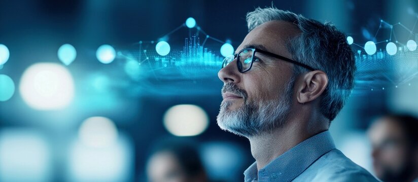A focused businessman with glasses contemplates the innovative digital data structures above him.