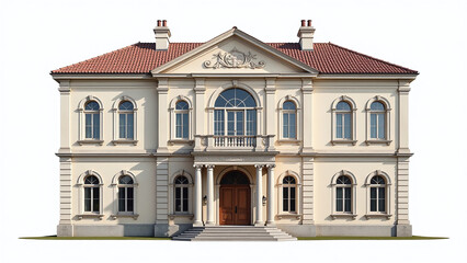 classical building arched windows symmetrical design features traditional architectural style isolated white background